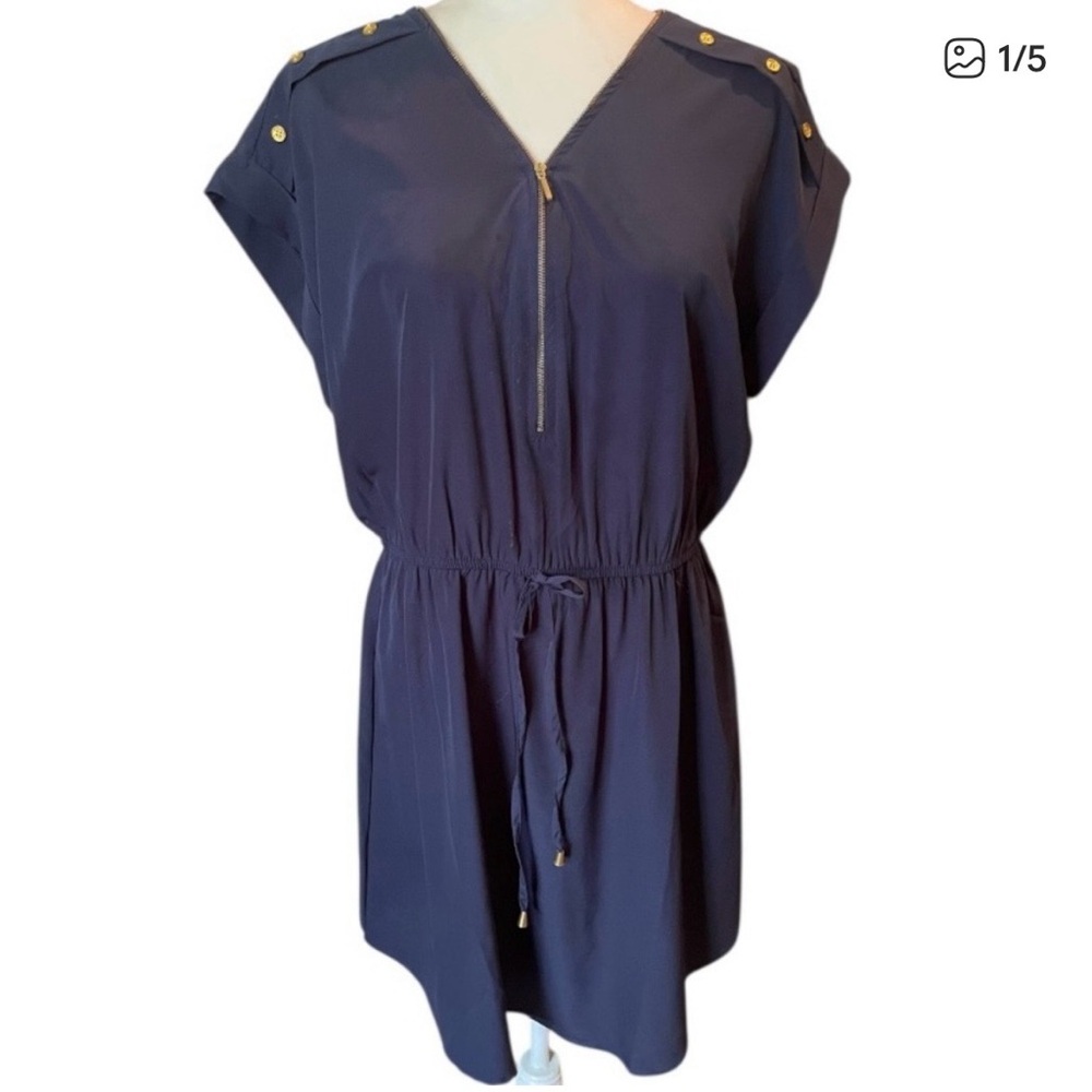 New Glory Navy Zip-Front Drawstring Dress with Gold Accents